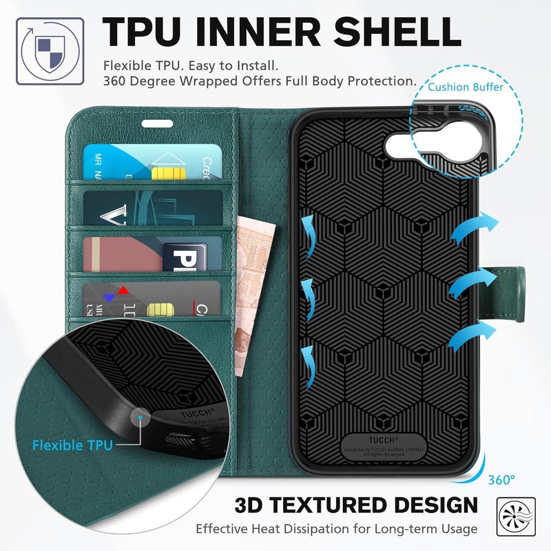 TUCCH Wallet Case for iPhone 16e, Magnetic PU Leather Kickstand Flip Cover with 4 Card Slot Shockproof TPU Interior Shell, [RFID Blocking] Folio Case Compatible with iPhone 16e 5G, Teal Blue - Image 5